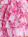 Pink - A-line Strapless Floral Printed Chiffon Ruffles Short Homecoming Dresses