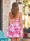 Pink - A-line Strapless Floral Printed Chiffon Ruffles Short Homecoming Dresses