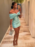 Aqua Off The Shoulder Satin Bodycon Short Homecoming Dress With Beading