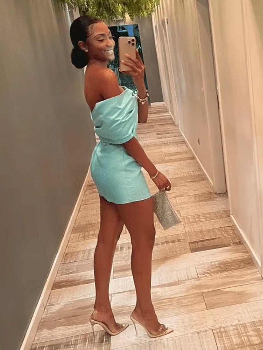 Aqua Off The Shoulder Satin Bodycon Short Homecoming Dress With Beading