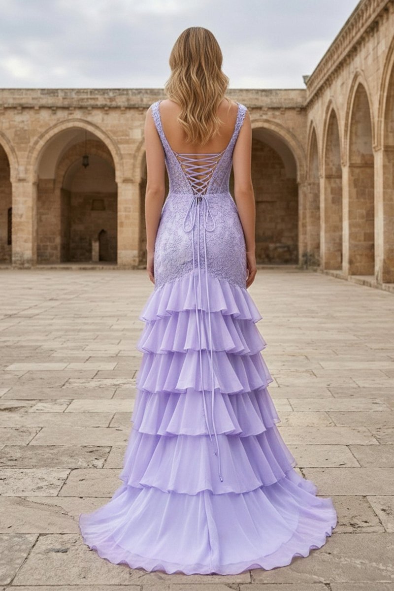 Lavender - Sweetheart Mermaid Chiffon Ruffled Formal Prom Dresses With Appliques