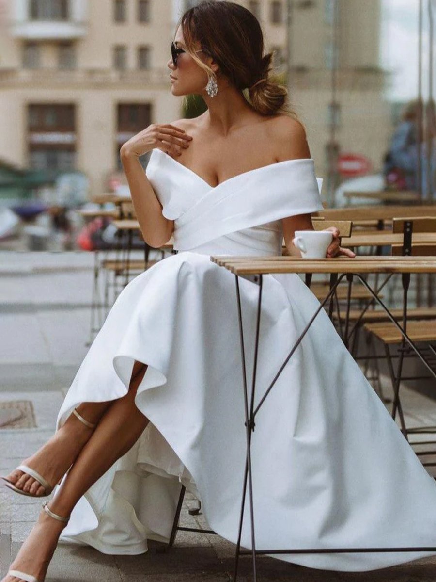 A-Line Satin Tea Length White Off the Shoulder Wedding Dress
