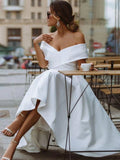 A-Line Satin Tea Length White Off the Shoulder Wedding Dress