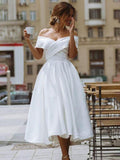 A-Line Satin Tea Length White Off the Shoulder Wedding Dress