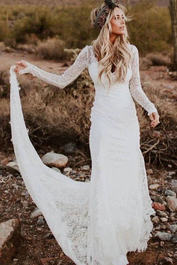 Vintage Sheath Satin V-neck Mermaid Long Sleeve Wedding Dress