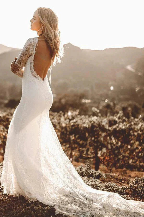 Vintage Sheath Satin V-neck Mermaid Long Sleeve Wedding Dress
