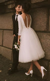 Vintage Short Casual Simple Long Sleeve A-line Tea-length Plunging Neckline Satin Wedding Dress