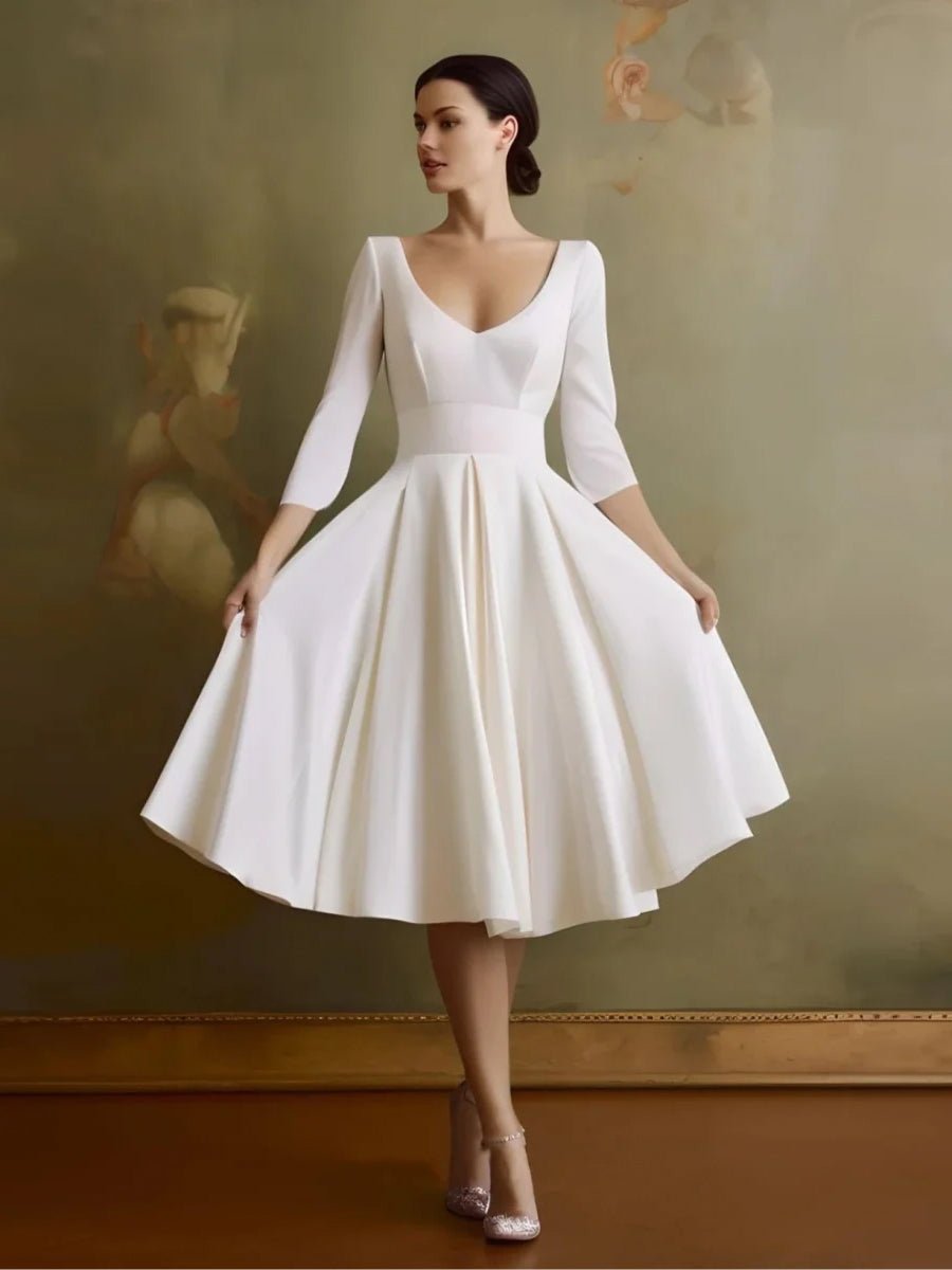 Vintage Sleeved A-Line V-neck Satin Tea Length Wedding Dress