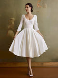 Vintage Sleeved A-Line V-neck Satin Tea Length Wedding Dress