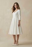 Vintage Sleeved A-Line V-neck Satin Tea Length Wedding Dress