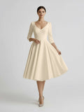 Vintage Sleeved A-Line V-neck Satin Tea Length Wedding Dress