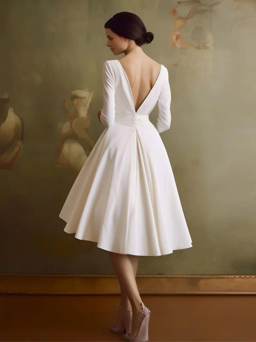 Vintage Sleeved A-Line V-neck Satin Tea Length Wedding Dress