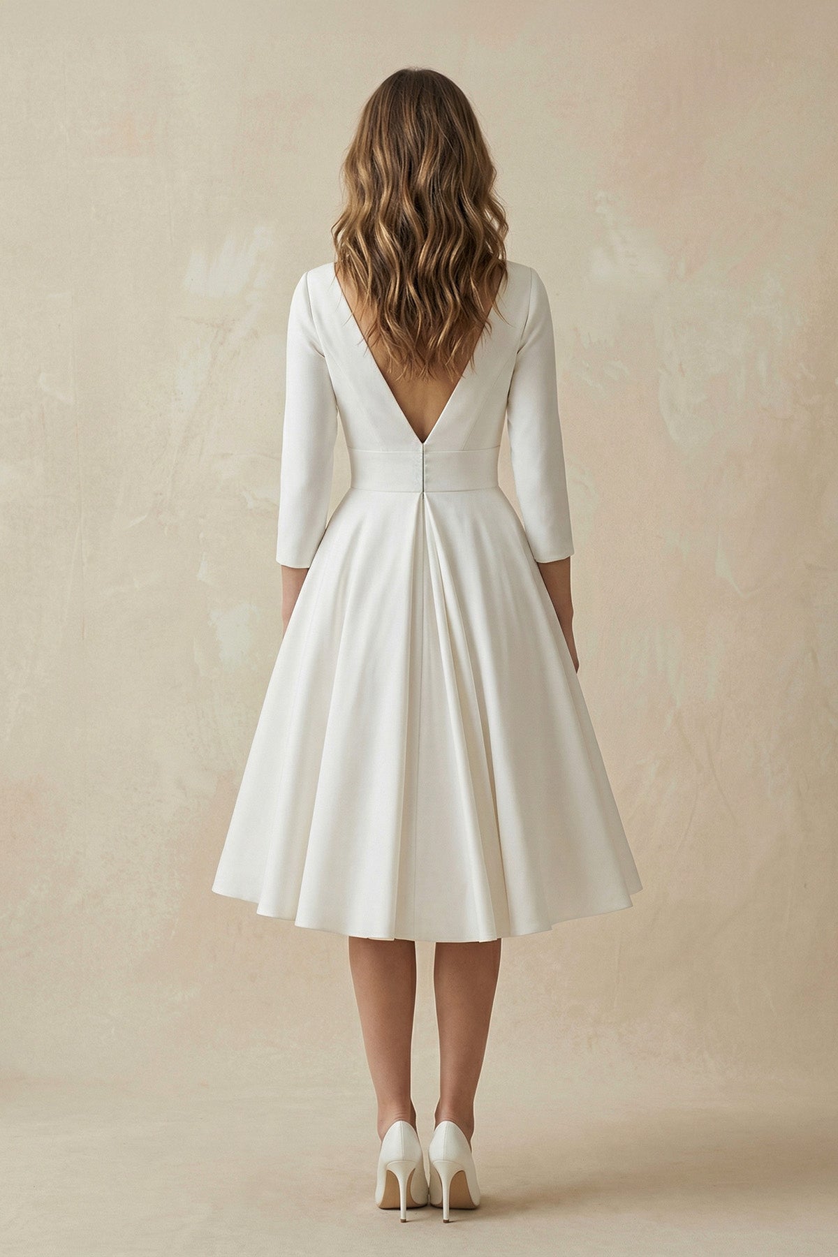 Vintage Sleeved A-Line V-neck Satin Tea Length Wedding Dress