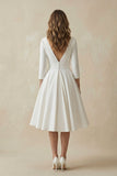 Vintage Sleeved A-Line V-neck Satin Tea Length Wedding Dress