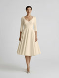 Vintage Sleeved A-Line V-neck Satin Tea Length Wedding Dress