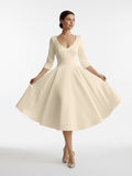 Vintage Sleeved A-Line V-neck Satin Tea Length Wedding Dress