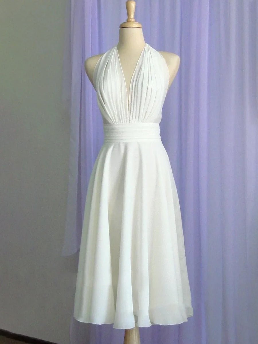Vintage Tea-Length Chiffon Wedding Dress With Halter Neck and Bow