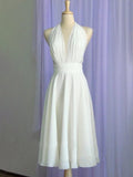 Vintage Tea-Length Chiffon Wedding Dress With Halter Neck and Bow