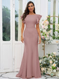 Sheath/Column Stretch Crepe Ruffles Scoop Short Sleeves Sweep/Brush Train Bridesmaid Dresses Evening Dress
