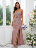 A-Line/Princess Stretch Crepe Ruched V-neck Sleeveless Floor-Length Bridesmaid Dresses Evening Dress