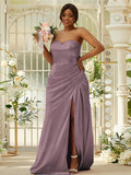Sheath/Column Silk like Satin Ruched Sweetheart Sleeveless Sweep/Brush Train Bridesmaid Dresses Evening Dress