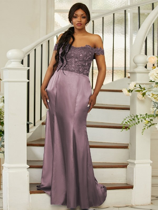Sheath/Column Silk like Satin Applique Off-the-Shoulder Sleeveless Sweep/Brush Train Bridesmaid Dresses Evening Dress