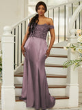 Sheath/Column Silk like Satin Applique Off-the-Shoulder Sleeveless Sweep/Brush Train Bridesmaid Dresses Evening Dress