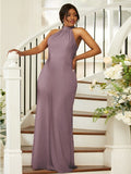 Sheath/Column Silk like Satin Ruched Halter Sleeveless Floor-Length Bridesmaid Dresses Evening Dress