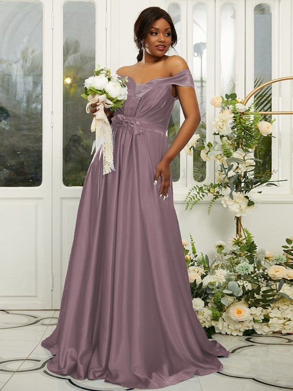 A-Line/Princess Silk like Satin Ruffles Off-the-Shoulder Sleeveless Sweep/Brush Train Bridesmaid Dresses Evening Dress