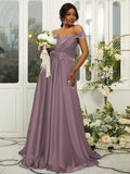 A-Line/Princess Silk like Satin Ruffles Off-the-Shoulder Sleeveless Sweep/Brush Train Bridesmaid Dresses Evening Dress