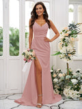 Sheath/Column Stretch Crepe Ruched V-neck Sleeveless Sweep/Brush Train Bridesmaid Dresses Evening Dress