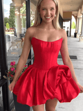Red - Strapless A Line Pleated Satin Homecoming Dresses With Flower