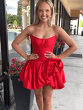 Red - Strapless A Line Pleated Satin Homecoming Dresses With Flower