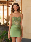 Sage - Bodycon Satin Sequined Corset Mini Party Dresses with Lace Appliques