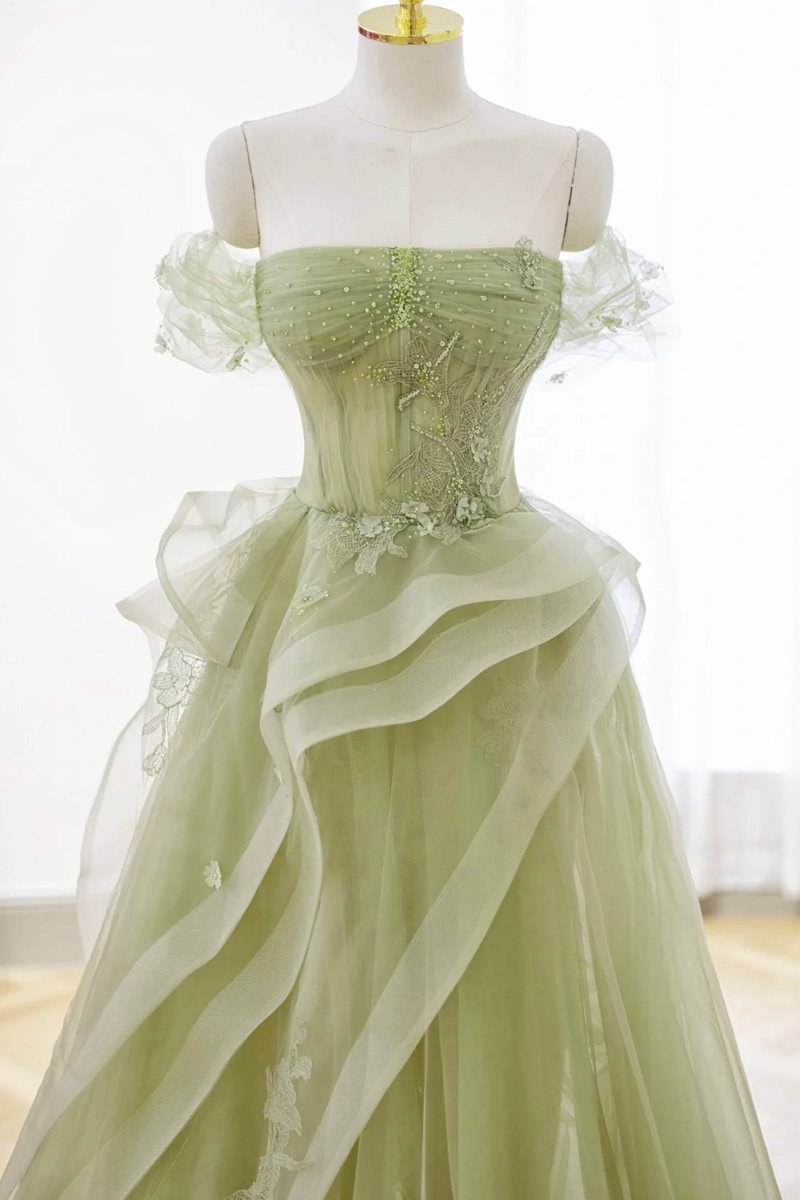 Green Tulle Lace Long Prom Dress with Corset. Green Formal Party Dress