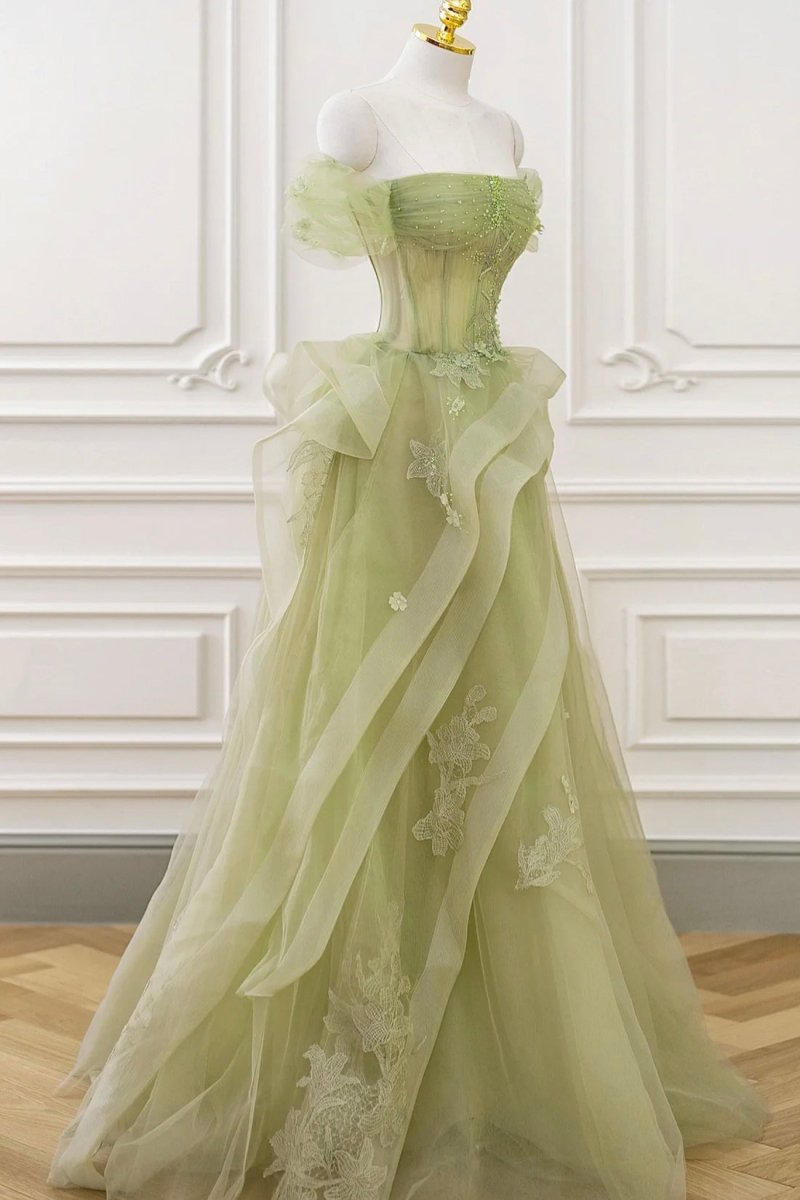 Green Tulle Lace Long Prom Dress with Corset. Green Formal Party Dress