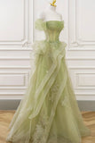 Green Tulle Lace Long Prom Dress with Corset. Green Formal Party Dress