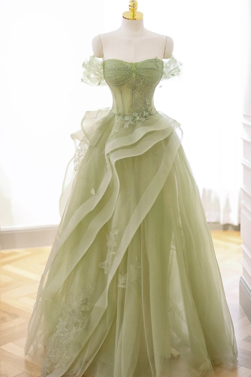 Green Tulle Lace Long Prom Dress with Corset. Green Formal Party Dress
