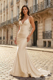 Pink Mermaid Spaghetti Straps Satin Long Prom Dresses with Train