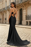 Pink Mermaid Spaghetti Straps Satin Long Prom Dresses with Train