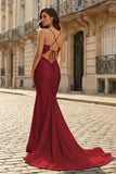 Pink Mermaid Spaghetti Straps Satin Long Prom Dresses with Train