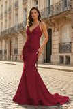 Pink Mermaid Spaghetti Straps Satin Long Prom Dresses with Train
