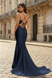 Pink Mermaid Spaghetti Straps Satin Long Prom Dresses with Train