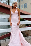 Pink Mermaid Spaghetti Straps Satin Long Prom Dresses with Train