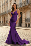 Pink Mermaid Spaghetti Straps Satin Long Prom Dresses with Train