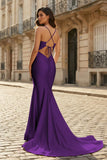 Pink Mermaid Spaghetti Straps Satin Long Prom Dresses with Train