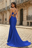 Pink Mermaid Spaghetti Straps Satin Long Prom Dresses with Train