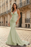 Pink Mermaid Spaghetti Straps Satin Long Prom Dresses with Train