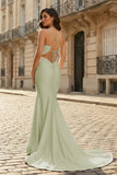 Pink Mermaid Spaghetti Straps Satin Long Prom Dresses with Train