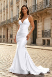 Pink Mermaid Spaghetti Straps Satin Long Prom Dresses with Train
